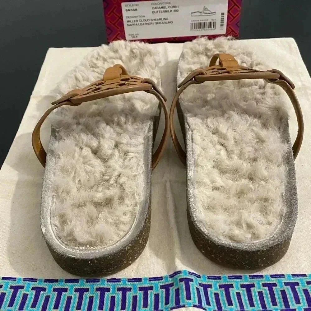 Tory Burch Miller Sandals Size 10.5 Leather Cloud Shearling Neutral Box Dust Bag - Picture 10 of 13